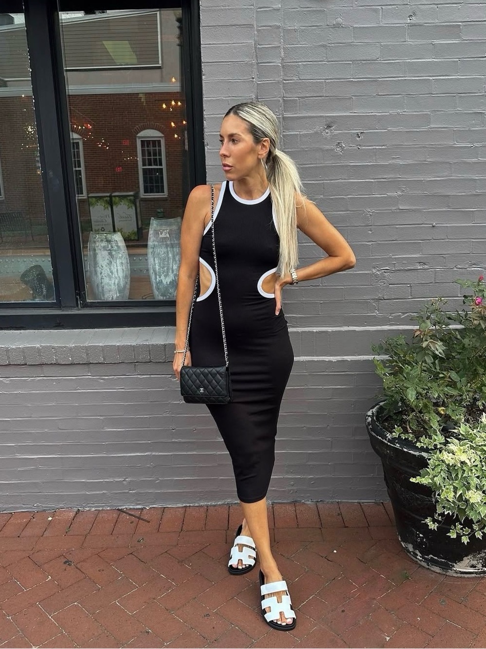 Black Cutout Midi Dress with White Trim